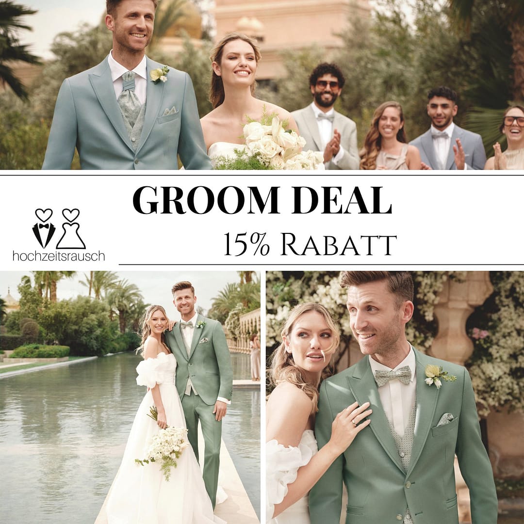 hochzeitsrausch Brautmoden Hochzeitsanzug Wilvorst Salbeigrün Anzug Braeutigam