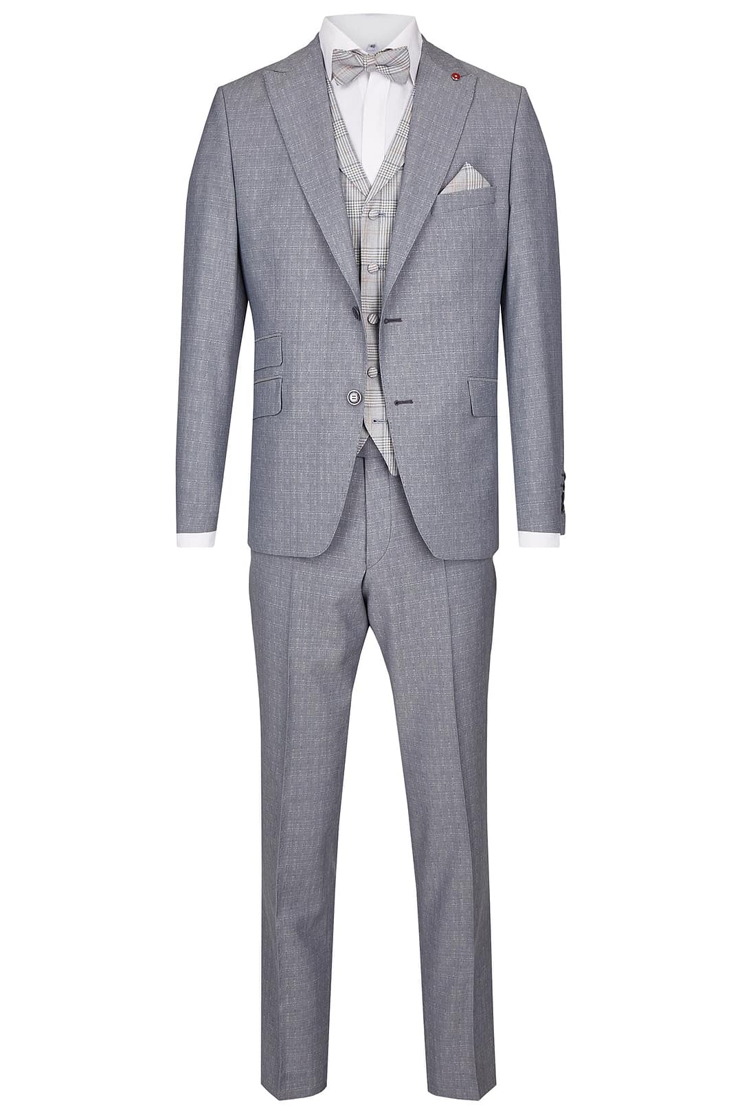 172718_36_36182_322_891996_30_G5_03424_1_8151452b-56d0-4994-a24f-f222a56adab6 Die Atelier Torino Vintage Wedding Schleife / Tuch 891996/30 ist ein hellgrauer dreiteiliger Herrenanzug mit Blazer, Weste, Hose, weißem Hemd, gestreifter Fliege und Einstecktuch, dargestellt an einer unsichtbaren Schaufensterpuppe vor weißem Hintergrund.
