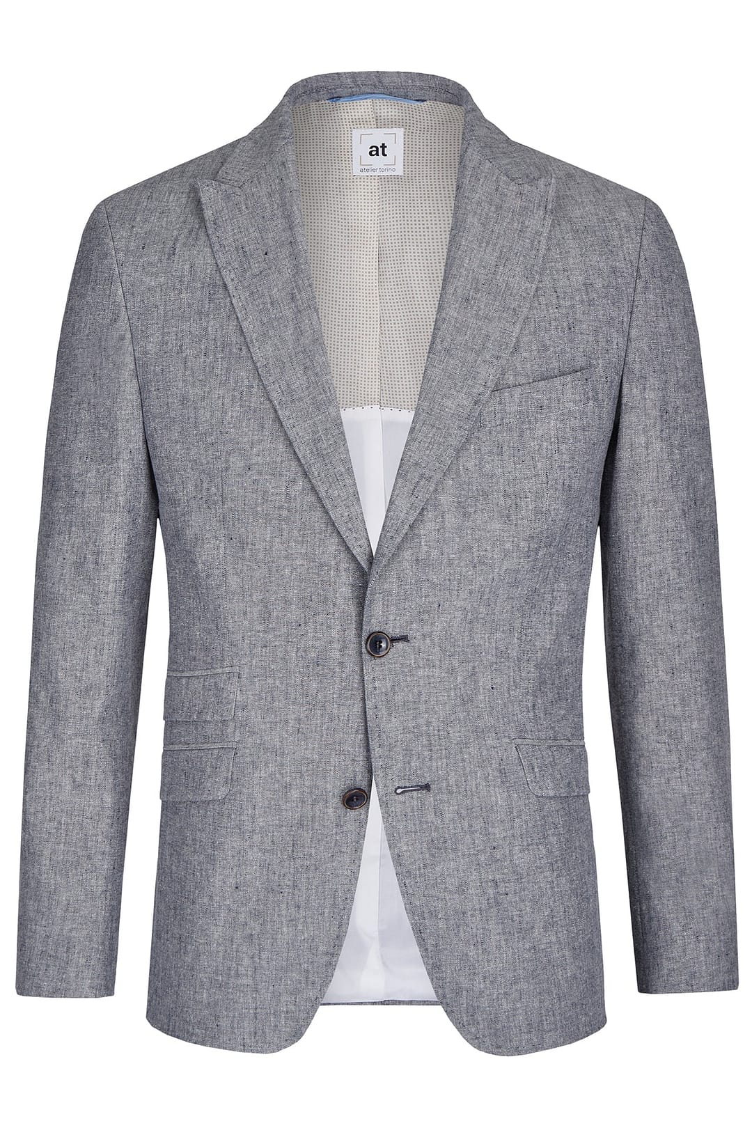 Der Atelier Torino Vintage Wedding Sakko 811773/30 ist ein grauer Leinenblazer mit gekerbtem Revers, zwei Knöpfen, Klappentaschen vorne, Brusttasche und teilweisem Futter - perfekt über Brautmoden oder als einzigartige Schicht für Ihr Hochzeitskleid.