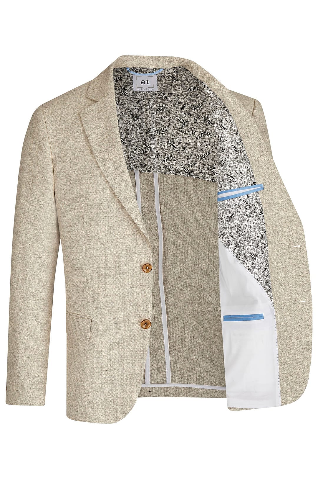 821770_80_38852_3 Der Atelier Torino Vintage Wedding Sakko 821770/80 ist ein beiger Blazer mit zwei braunen Knöpfen, einem offenen Design, das ein detailliertes schwarz-weißes Paisley-Futter offenbart, und blau abgesetzten Innentaschen - ideal als Ergänzung zu Brautmoden oder jedem schicken Hochzeitskleid.