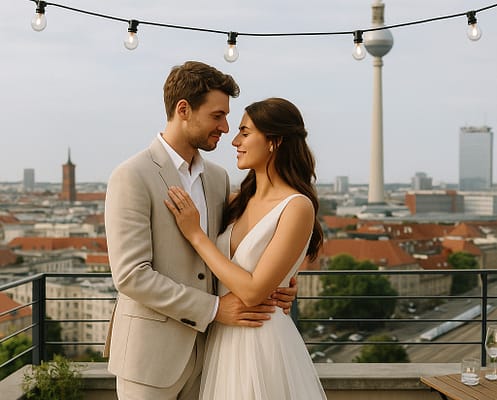 Ein Paar in Hochzeitskleidung umarmt sich auf einer Dachterrasse mit einer Stadtlandschaft und dem Berliner Fernsehturm im Hintergrund, über ihnen sind sanfte Lichter gespannt.