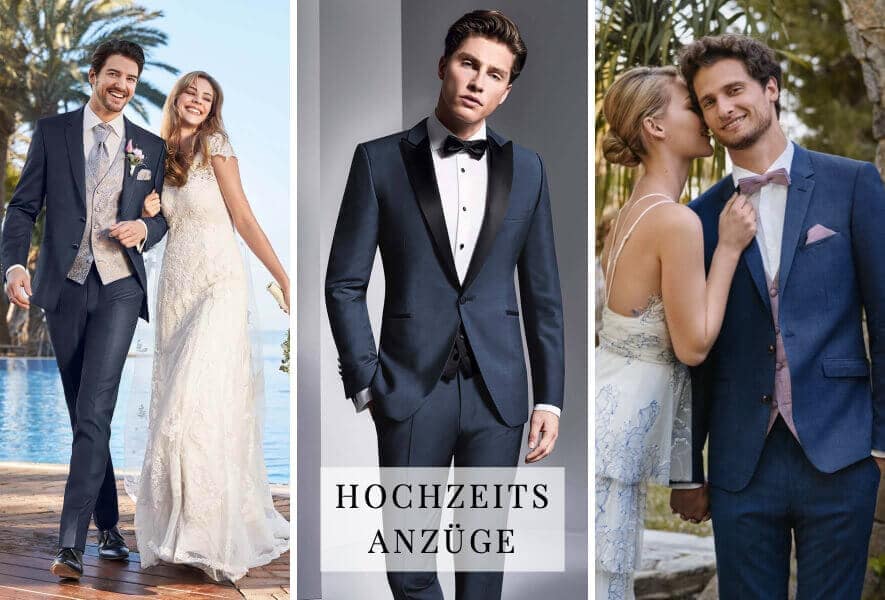 Drei Bilder zeigen hochzeitsrausch Männer in formellen Hochzeitsanzügen: einen Bräutigam mit einer Braut an einem Pool, einen Mann, der im Smoking posiert, und einen Bräutigam mit seiner Braut, die sein Kinn berührt. Der Text lautet HOCHZEITS ANZÜGE (Hochzeitsanzüge).