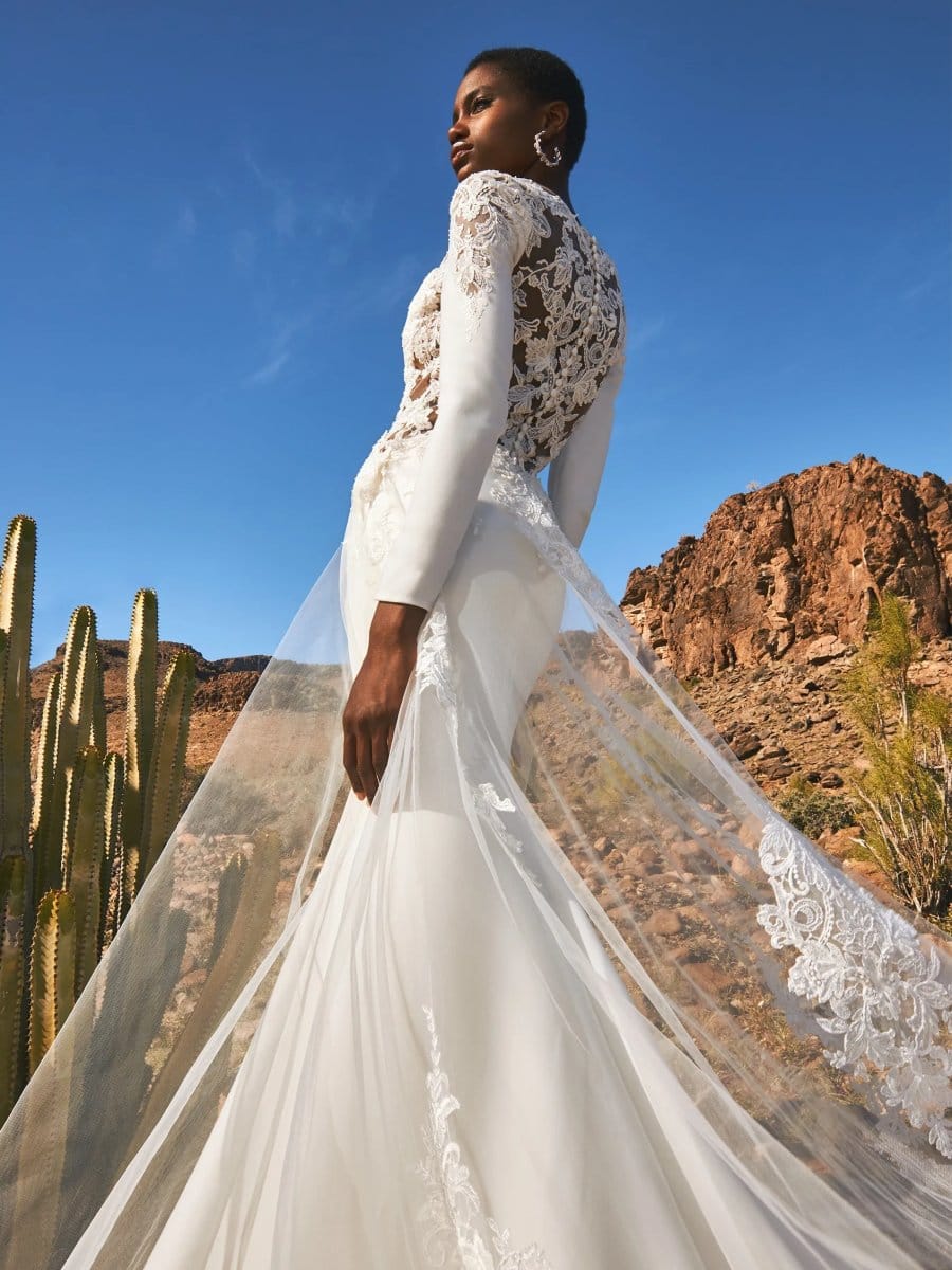 Pronovias Dazu Brautkleid-3 Eine Frau in einem taillierten, langärmeligen Pronovias Dazu-Hochzeitskleid steht unter freiem Himmel zwischen Kakteen und Felsen, die Schleppe ihres Kleides fließt hinter ihr her und der Himmel ist blau.