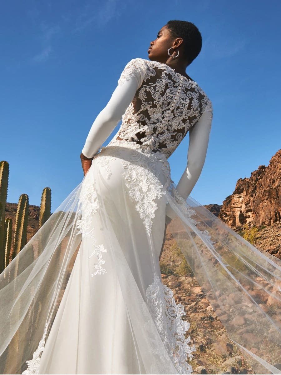 Pronovias Dazu Brautkleid-4 Eine Frau im Pronovias Dazu Hochzeitskleid mit transparenten Blütendetails steht im Freien zwischen Kakteen und felsigen Hügeln und blickt in den strahlend blauen Himmel.